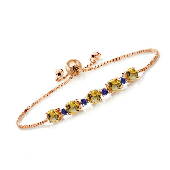 Gem Stone King 3.83 Ct Yellow Citrine Blue Created Sapphire 18K Rose Gold Plated Silver Tennis Bracelet for Women