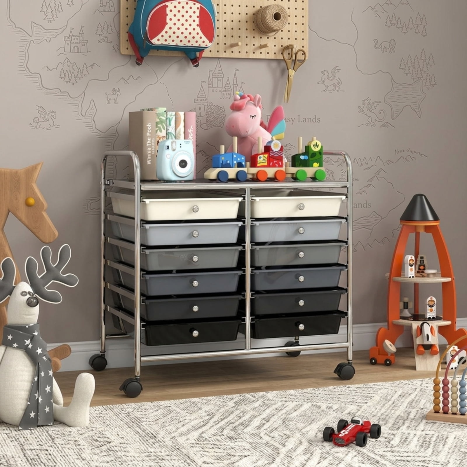 Furnibear 12 Drawers Rolling Storage Cart for Home and Office-Gradient Grey for Home Office Filing Document Letter Legal Storage, Brown