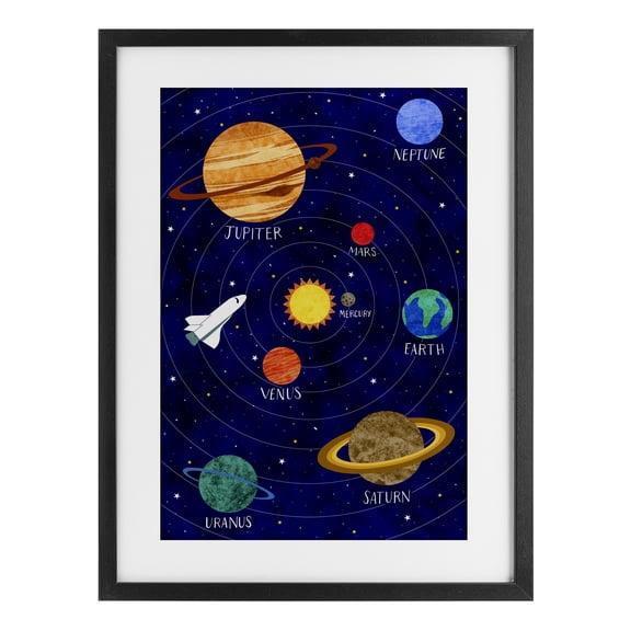 Solar System Education Black Framed Print Under Glass, design by Elizabeth Caldwell