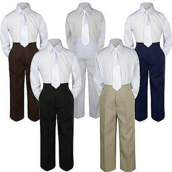 3pc White Tie Suit Shirt Pants Set Baby Boy Toddler Kid Uniform S-7