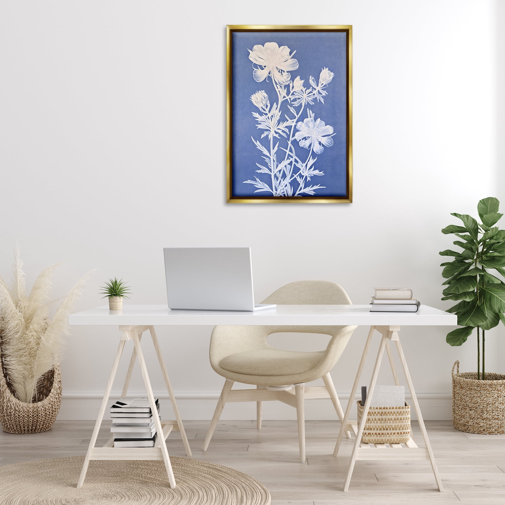 Stupell Industries Cerulean Botanical Pattern Botanical & Floral Painting Gold Floater Framed Art Print Wall Art, 21 x 31
