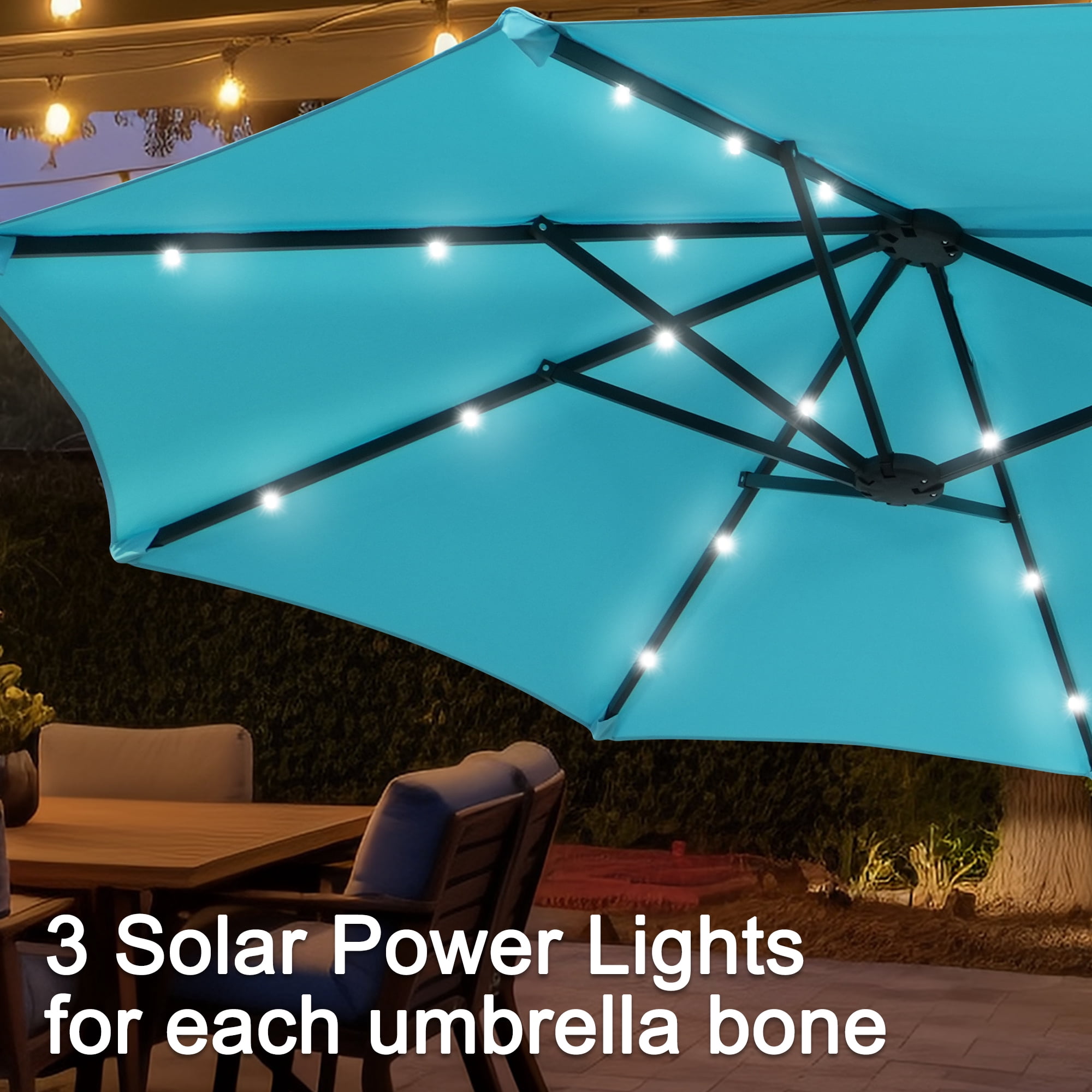 Autlaycil 13ft Rectangle Patio Umbrella with Base and 36 Solar Lights for Pool, Yard, Market - Blue