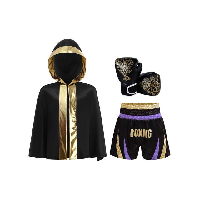 YiZYiF Tenues de Boxe pour Enfants Filles Garçons Robe à Capuche Imprimée Lettre Shorts d'Entraînement de Boxe Violet Clair Or 14