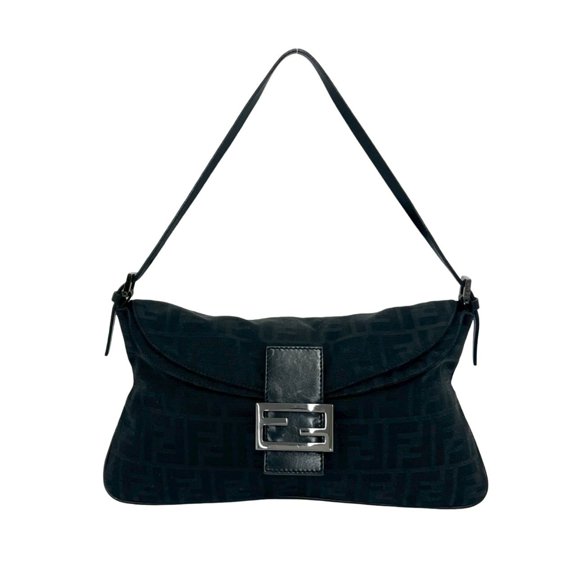 Pre-Owned FENDI FF Zucca Pattern Canvas Leather Semi-One Shoulder Bag Handbag Black 83750