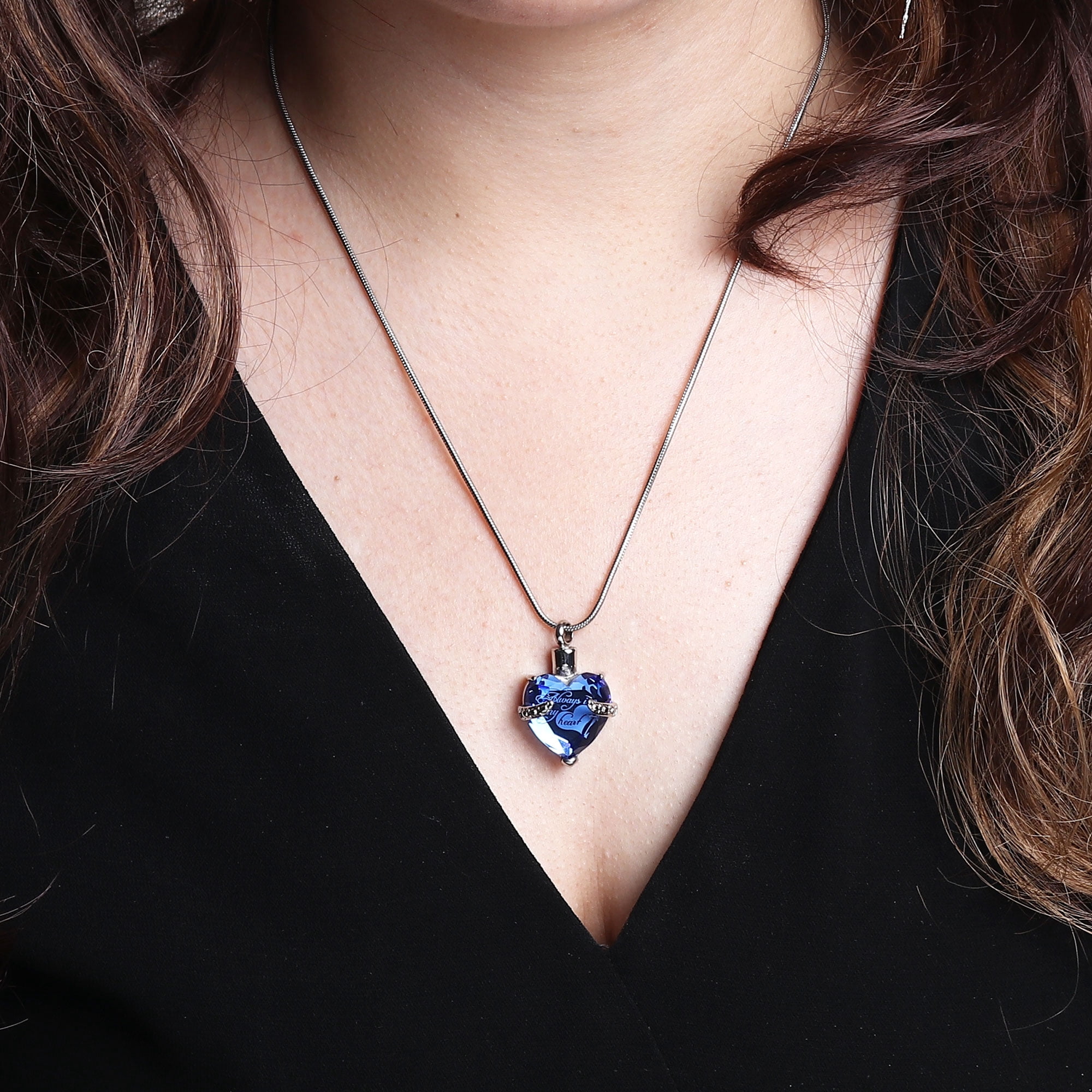 Women's Blue "Always in My Heart" Rhinsestone Heart Cremation Urn Necklace for Ashes Funeral Remembrance Urn Jewelry Memorial Pendant with Free Fill Kit and Gift Box