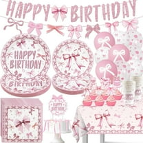 Pink Bow Birthday Party Supplies Conquette Decorations Plates Napkins Tablecloth Banner Cake Topper Balloons for Girl Birthday Bridal Baby Shower Party Decor Serves 20