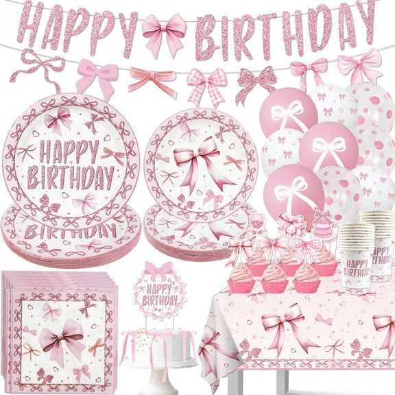 Pink Bow Birthday Party Supplies Conquette Decorations Plates Napkins Tablecloth Banner Cake Topper Balloons for Girl Birthday Bridal Baby Shower Party Decor Serves 20