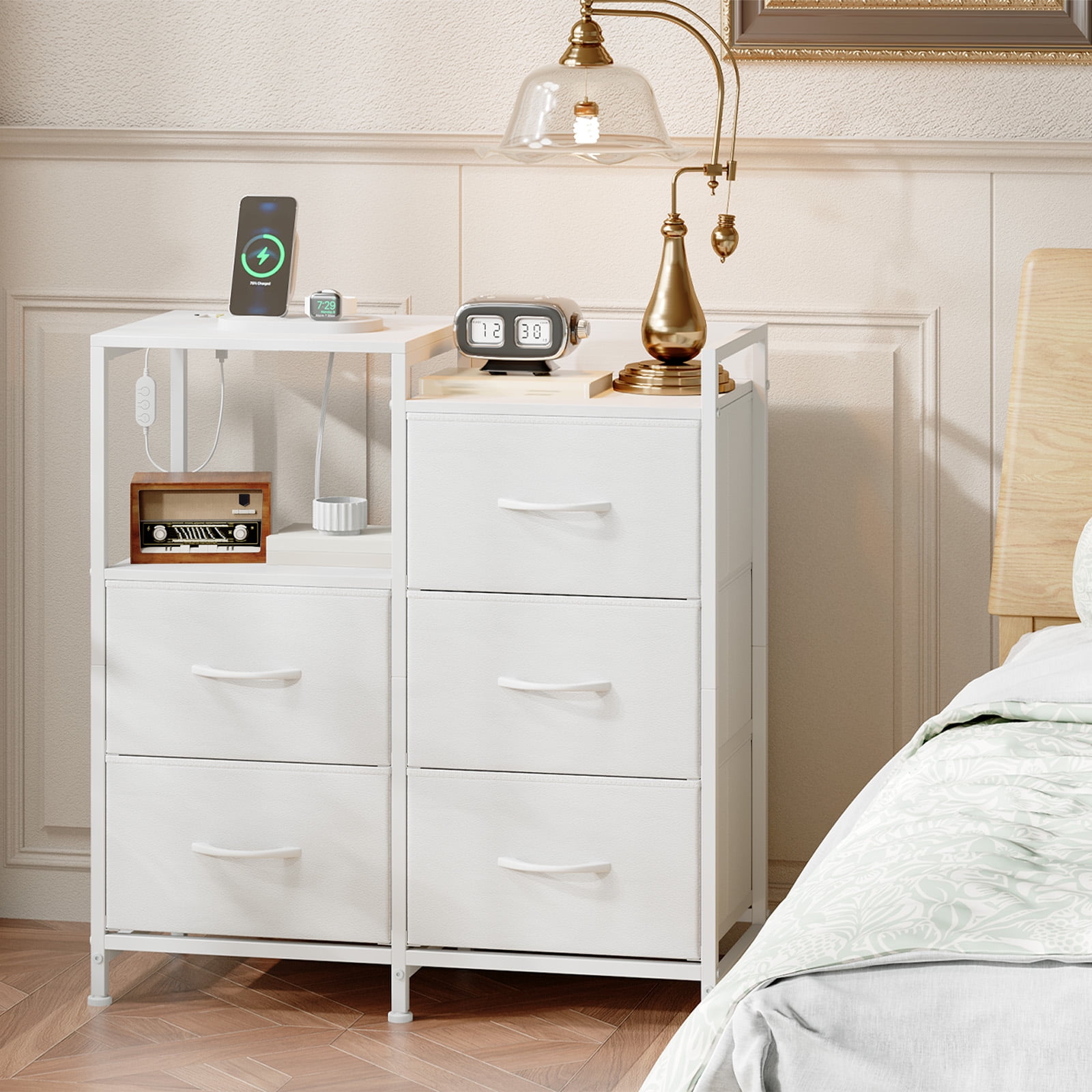 Eunos 5 Wide White Drawers Dresser with Charging Station and Open Shelf for Bedroom Closet Dorm