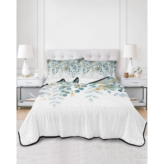 Quilts King Size, Teal Tulip Eucalyptus Soft Comforter Bedding Set for Bed, Spring Summer Botanical Floral Chic Lightweight Quilted Bedspread with Pillow Cover(2 Pieces) for All Season, 96x106 Inch