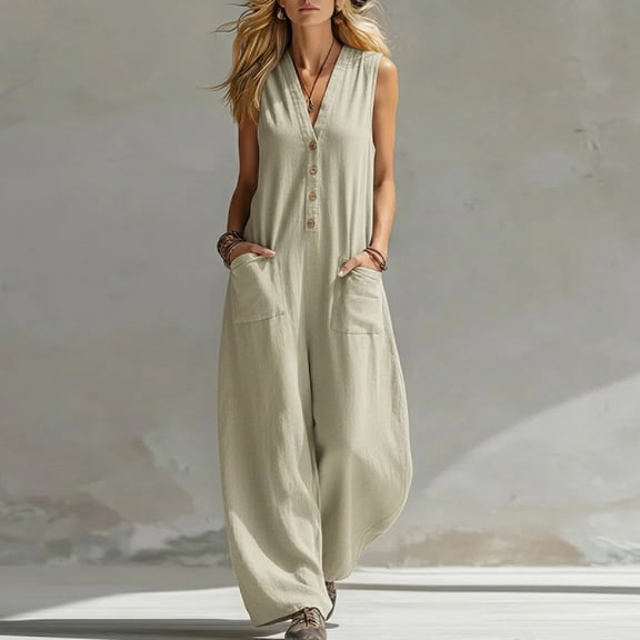 Inverlee Womens Cotton Linen Sleeveless Wide Leg Jumpsuits Trendy Solid Color Long Pants Romper Softy Breathable Button up Jumpsuits with Pockets