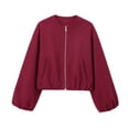 thumbnail image 2 of Women's Solid Color Loose Short Bomber Jacket Casual Fashion Long Sleeve Outerwear Wine Red M, 2 of 4