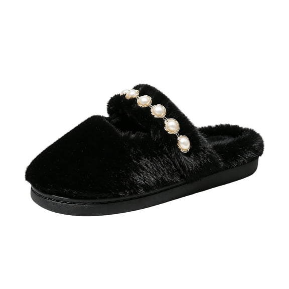 EKVAHL Women's Faux Fuzzy House Slippers, Pearl Strap Open Toe Slides, Soft Plush Bedroom Home Daily Leisure Indoor Casual Slippers Black