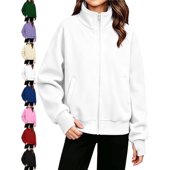 Girl's Zip Up SweatshirtsSolid Color Zippered Long Sleeve Hooded Sweatshirt Coat With Thumbholes And Pockets Tops 5-15 Years