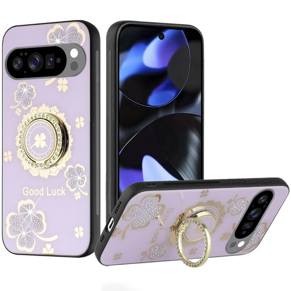 For Google Pixel 10/10 Pro SPLENDID Diamond Glitter Ornaments Engraving Case Cover - Good Luck Floral Purple
