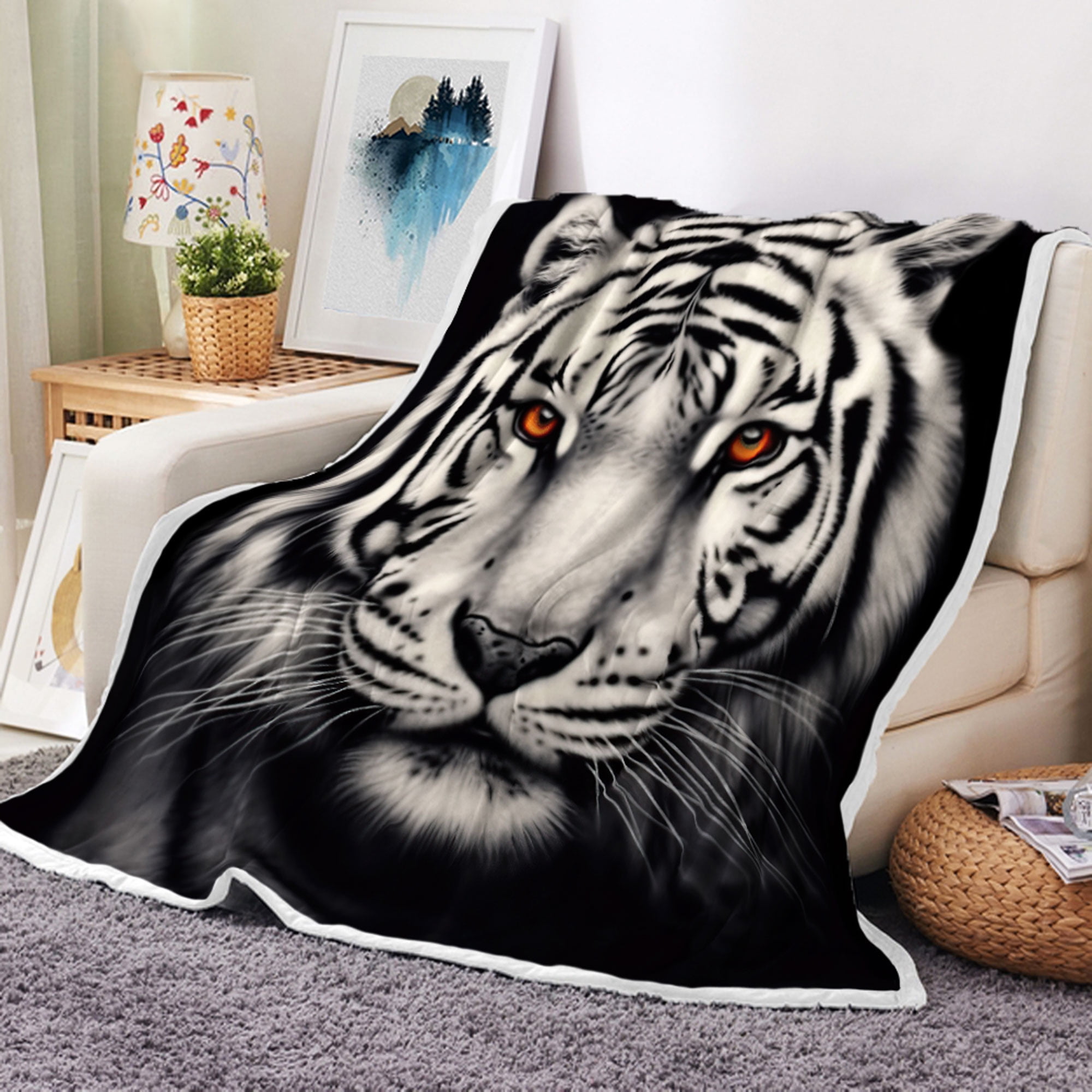 Tigers Throw Blanket, White Tiger Throw Blanket Fleece Animal Printed
