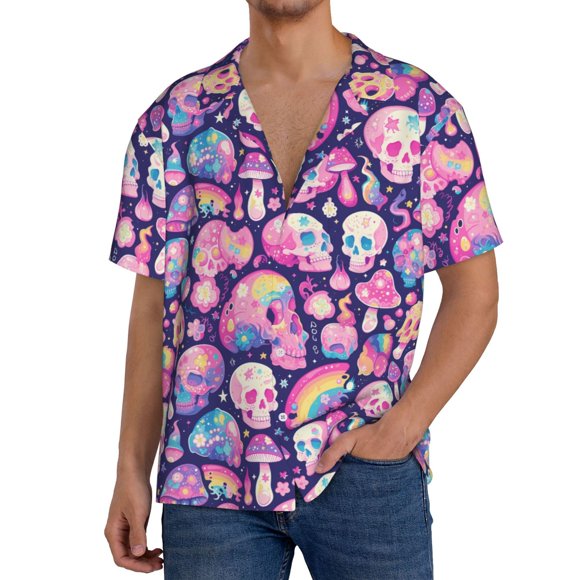 Vsdgher cartoon rainbow Skull Print Men's Cuban Shirt, Hawaiian Shirts, Business Casual Button Down Shirts, Short Sleeve Shirt-Small