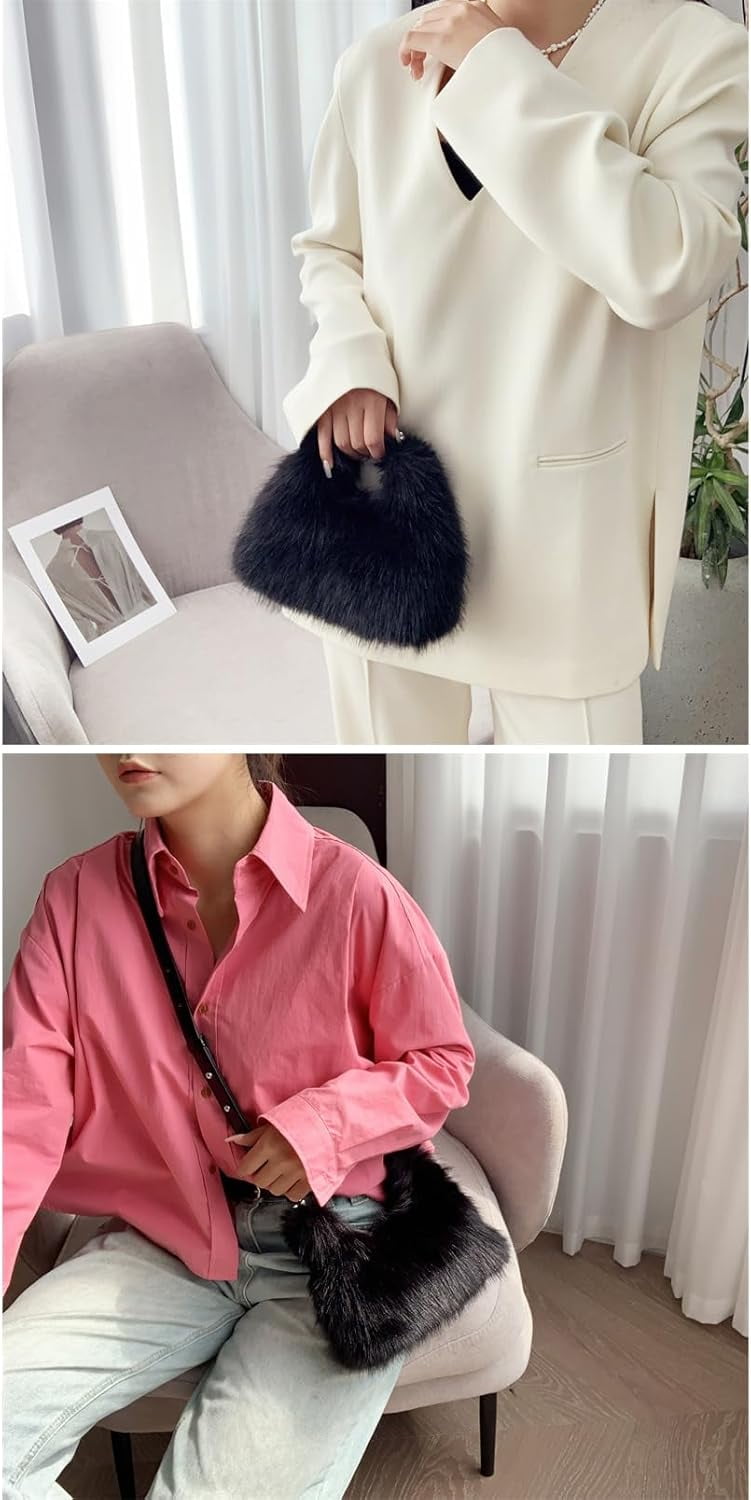 Women Small Faux Fox Fur Clutch Bag Mini Furry Evening bag Plush Shoulder Bag Crossbody Bag Hobo Bag Handbag