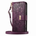 thumbnail image 5 of ELEHOLD Floral Embossed Leather Wallet Case for iPhone 15 Plus with Zipper Cash Slot, Card Holder Shockproof TPU Anti-Scratch Flip Stand Wallet Case Cover With Detachable Strap , Purple, 5 of 12