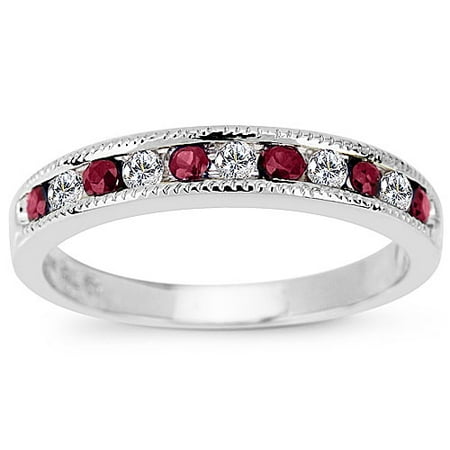 Ruby and Diamond 14kt White Gold Ring -- Satelite