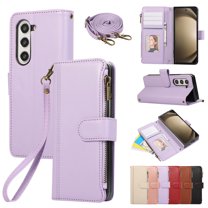 Zipper Wallet Cover for Samsung Galaxy Z Fold 6, Case with Crossbody Strap & Wrist Strap Card Holder Folding Stand Premium PU Leather Folio Flip Phone Case for Women for Galaxy Z Fold 6, Purple