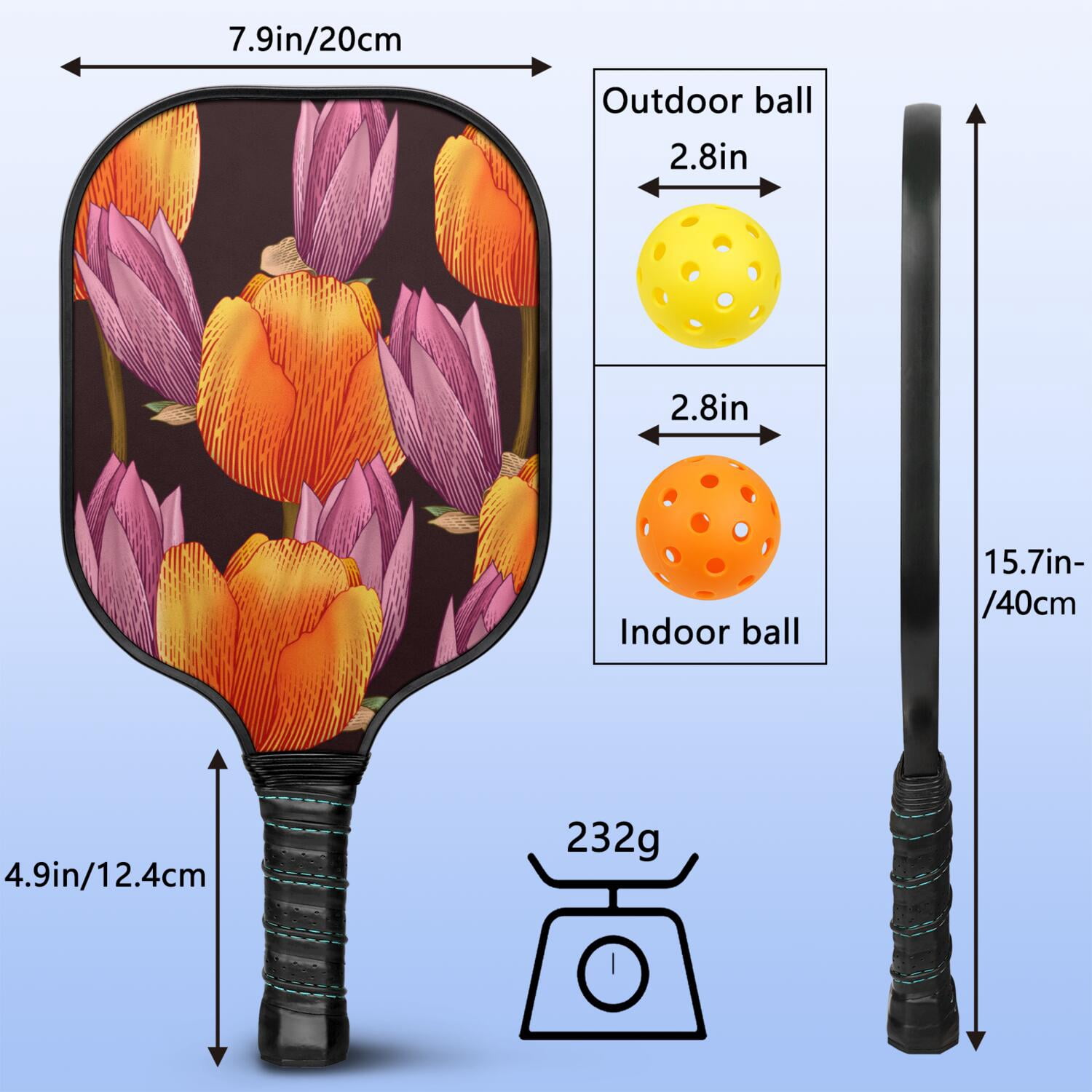 Pickleball Paddles Set Of 1, Fiberglass Surface, Vintage Floral Print, 1 Paddle, 2 Balls & Bag