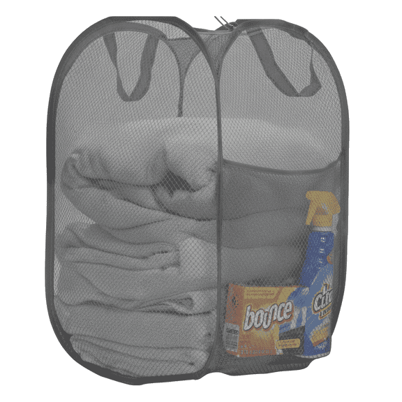 Maypes Pop-Up Laundry Hamper, Mesh, Carry Handles and Detergent Pocket, Grey, 14 x 14 x 24 in
