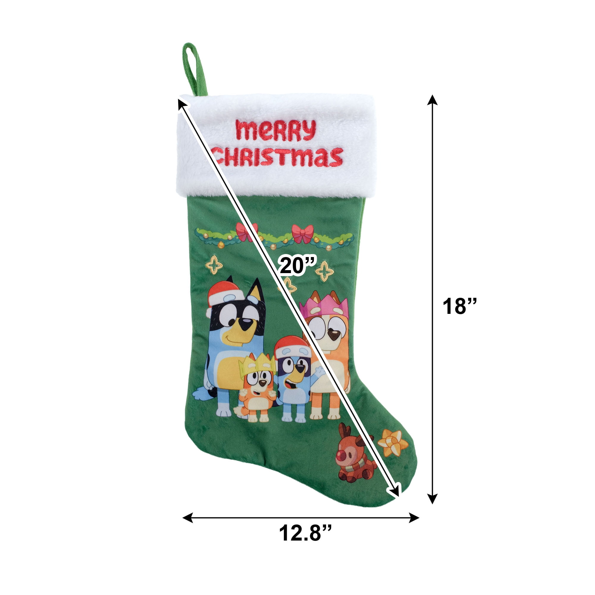 Bluey 20 inch Velvet Christmas Stocking with Embroidered Merry Christmas Design for Holiday Decoration