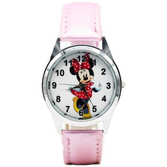 Mickey & Minnie Mouse Character Pink Leather Band Wrist Watch