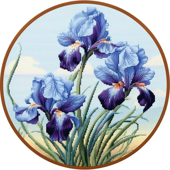 Blue Iris Flower Round Shape DIY Stamped Cross Stitch Kits for Beginners Easy with Hoop 11CT Needlepoint Embroidery Counted Cross Stitch Kits Art Craft Wall Decoration 35x35cm(6)