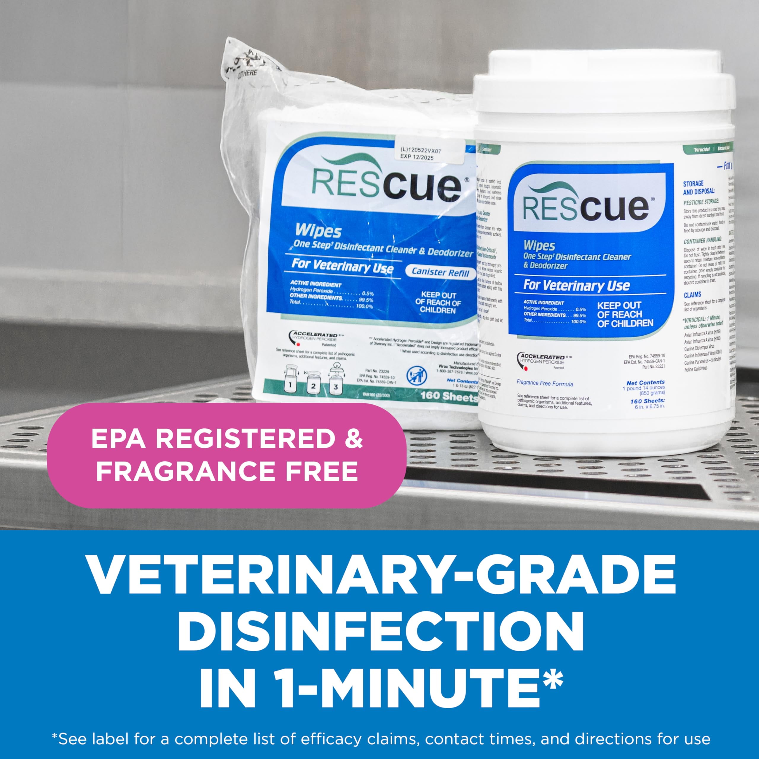 REScue One-Step Disinfectant Cleaner & Deodorizer Wipes for Vet Use â€“ Cleaner for Kennels, Litter Boxes & More â€“ 160-Wipes, 1 Canister (Pack of 1)