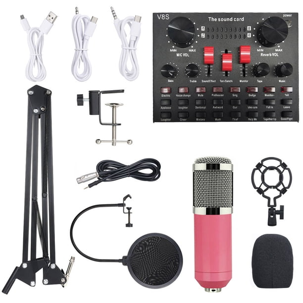 Tarjeta de sonido V8S para transmisiones en vivo, micrófono profesional para karaoke, grabación y streaming, color rosa con malla plateada, incluye soporte antichoque y filtro acústico doble capa.