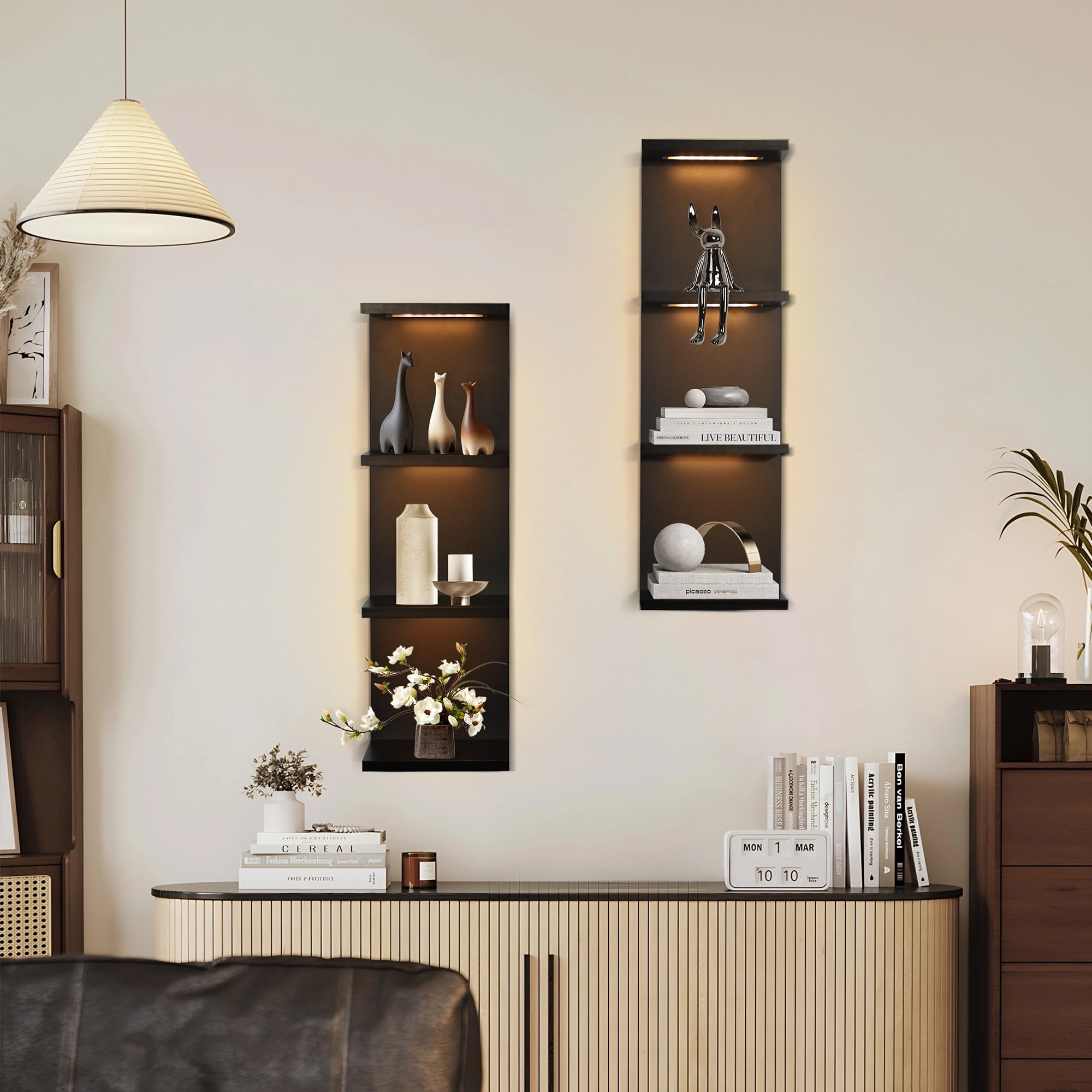 Versatile 4 Tier Wall Shelf Unit,Black Lack Wall Shelf,Display Floating Shelf with LED Remote Control Light