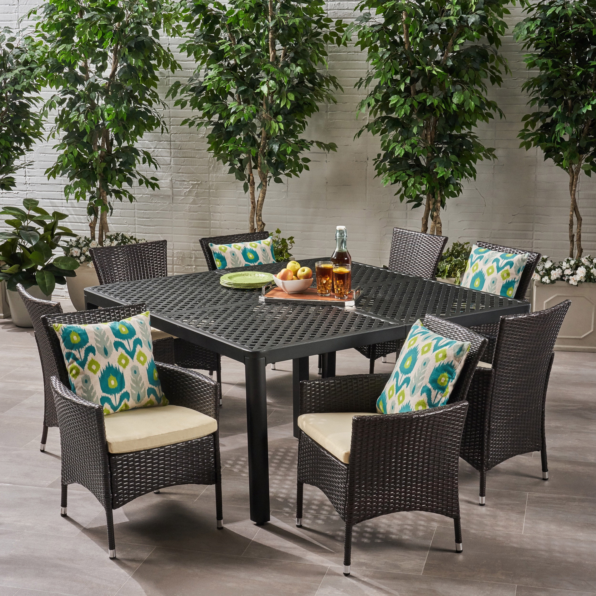Christian Outdoor 8 Seater Aluminum and Wicker Dining Set, Matte Black, Multibrown