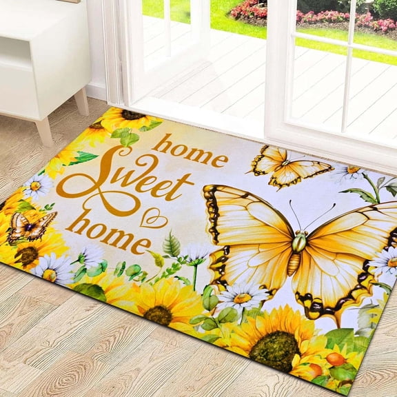 BLEUM CADE Spring Welcome Mat Butterfly Outdoor Doormat,Non Slip Sunflower Entry Mat for Outside Patio,18 x 30 inches