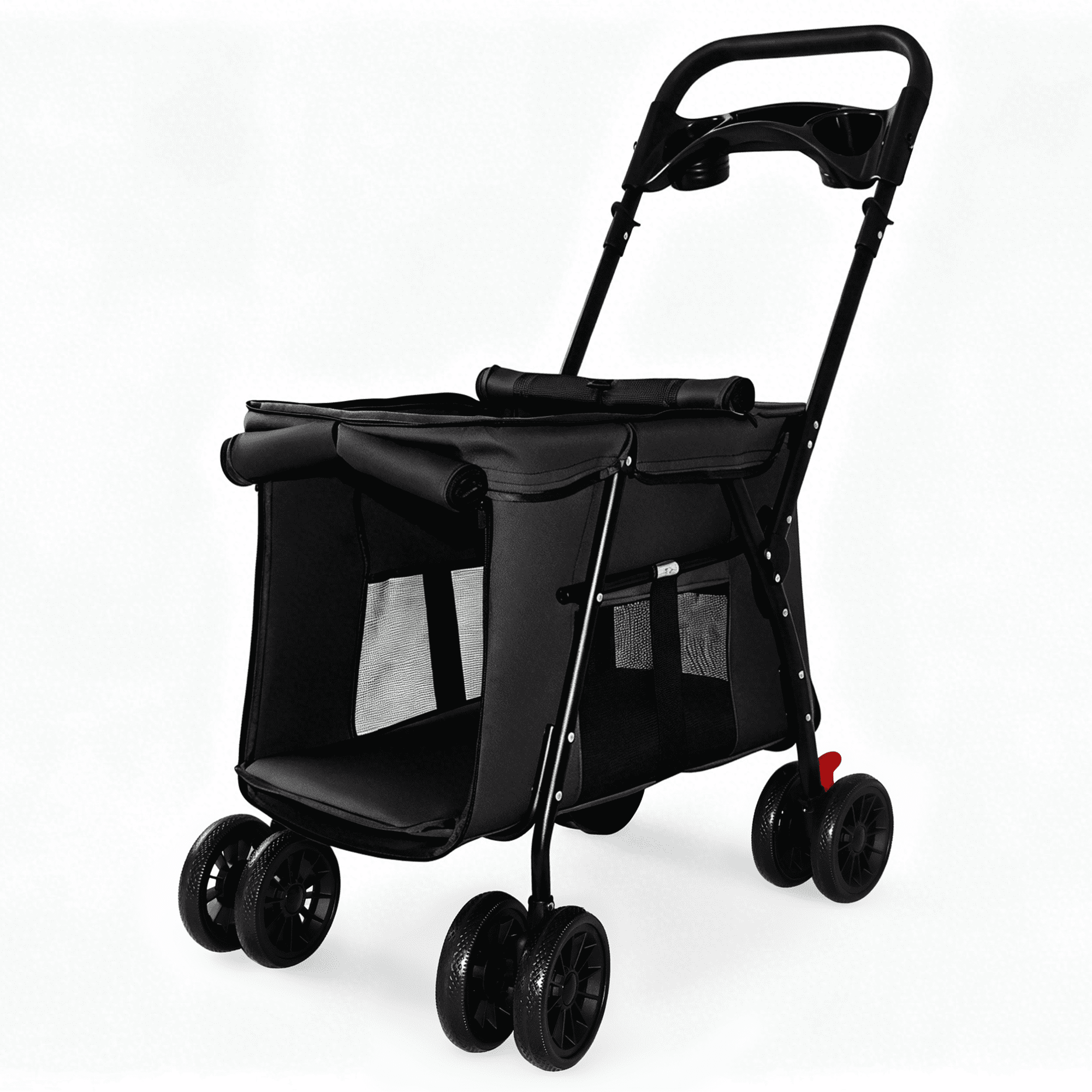 Dual-Button Foldable Pet Stroller Holds Up to 33 LBS, Breathable Mesh with Skylight & Multi-Zipper Doors, Shockproof Lockable Wheels, Storage Tray Safety Leashes for Small Medium Dogs Cats