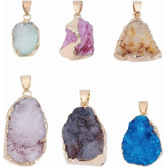 6Pcs 6 Colors Natural Druzy Agate Pendants Druzy Trimmed Stone Dyed Nuggets Mixed Color 23~40x13~30x7~20mm Hole: 3x6mm 1pc/color