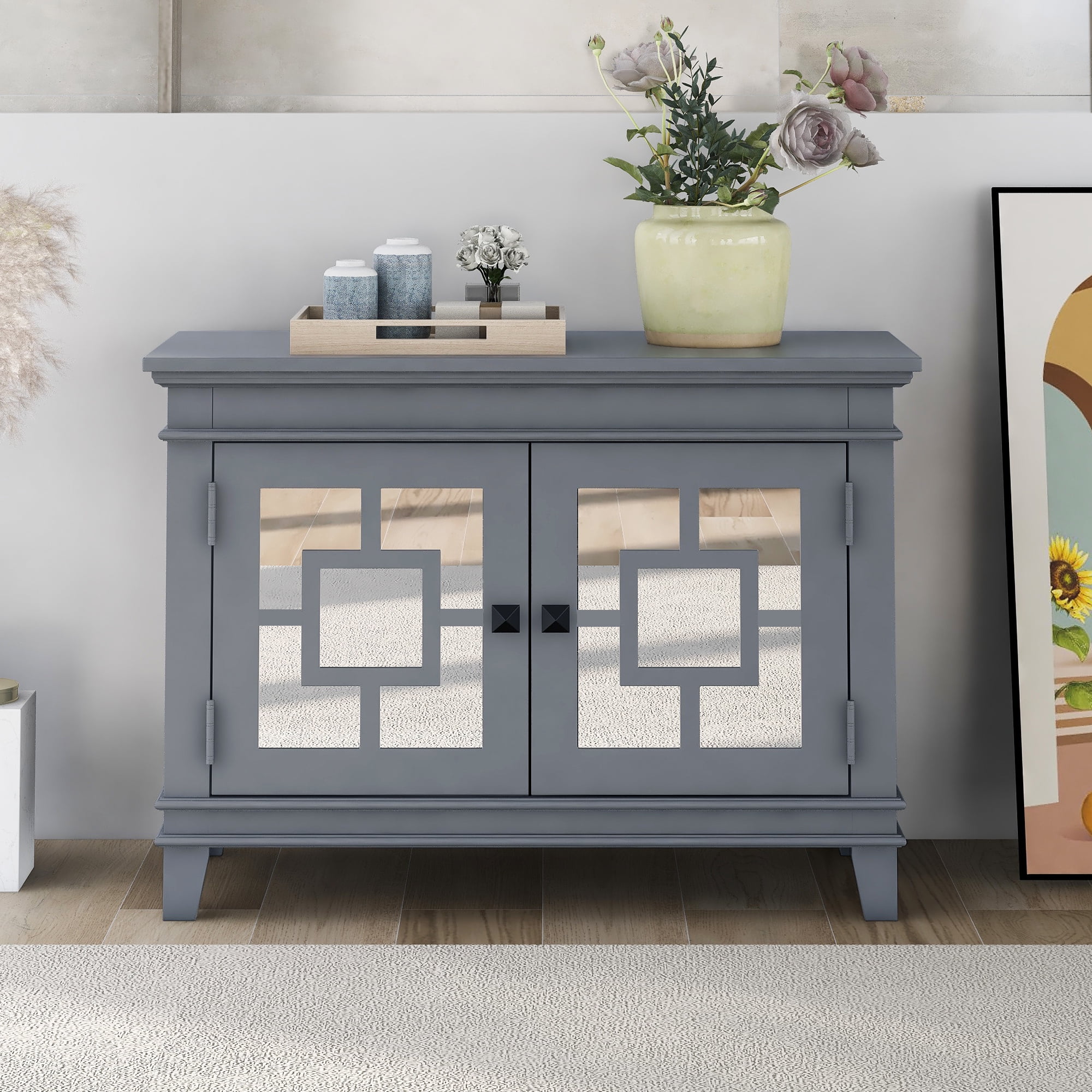 ZAQW Accent Storage Wooden with Decorative Mirror Door