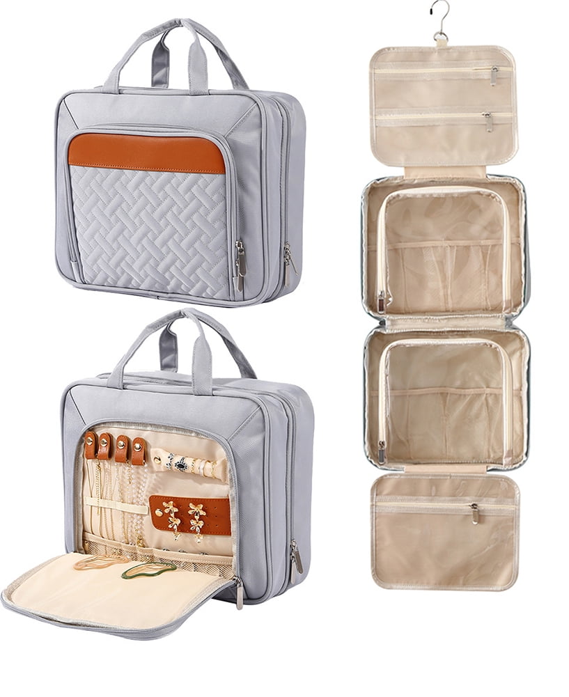 Travel Hanging Toiletry Bag, Jewelry Organizer with Dry Wet Separation, Large Capacity Cosmetic Bag with Trolley Strap, Foldable Hanging Design for Travel & Home