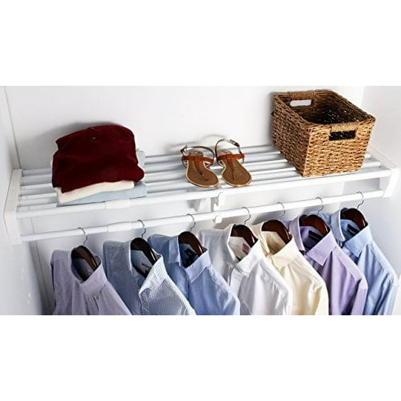 EZ Shelf DIY Expandable Closet Shelf & Rod - 40? - 73? - White - Mounts to 2 Sidewalls - Easy to Install-Strong - Wire Shelving Alternative - Rod & Shelf Kit (EZS-SCRW72)