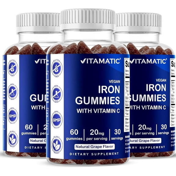 3 Pack Vitamatic Iron Gummies Supplement for Women & Men - 20mg Serving - 60 Vegan Gummies - Great Tasting Iron Gummy Vitamins with Vitamin C (Total 180 Gummies)