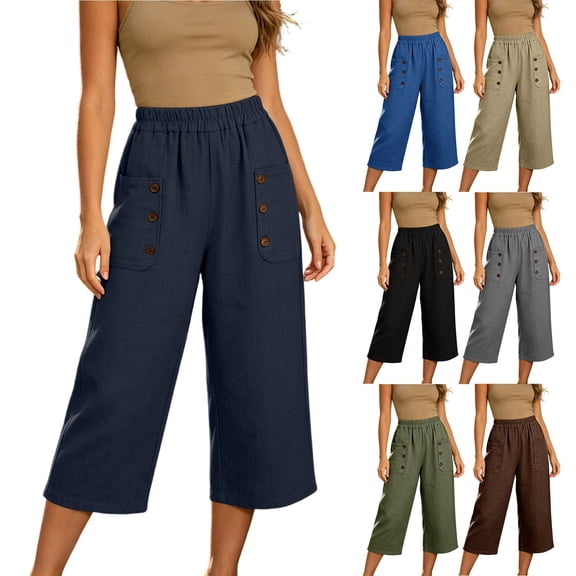 CFLVAEK Plus Size Capris for Women with Pockets Casual Summer Elastic Waisted Capri Pants Loose Fit Wide Leg Lounge Cropped Pant Black L