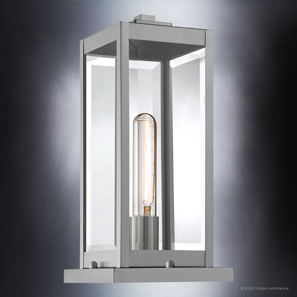 Luxury Modern Farmhouse Outdoor Post Light, 16.00''H x 7.50''W, with Industrial Style Elements, Minimalist Design, Stainless Steel Finish and Clear Beveled Glass, UQL1365