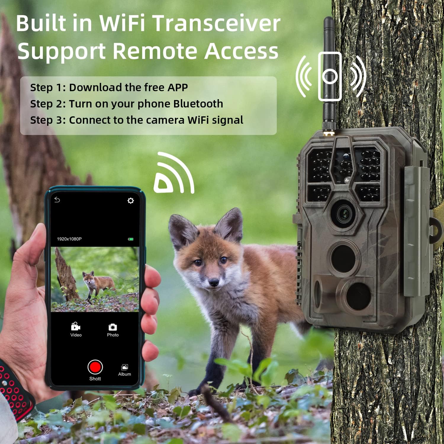 WiFi Trail Camera Game Cam 64MP 1296P HD Video Sound Recording, Clear Night Vision & 0.1s High Sensitivity Motion Detection 120° Wide Angle for Wildlife, Observation of Backyard, Farm