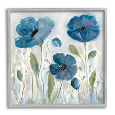 Stupell Industries Blue Poppies Painting Botanical & Floral Painting Gray Framed Art Print Wall Art, 17 x 17