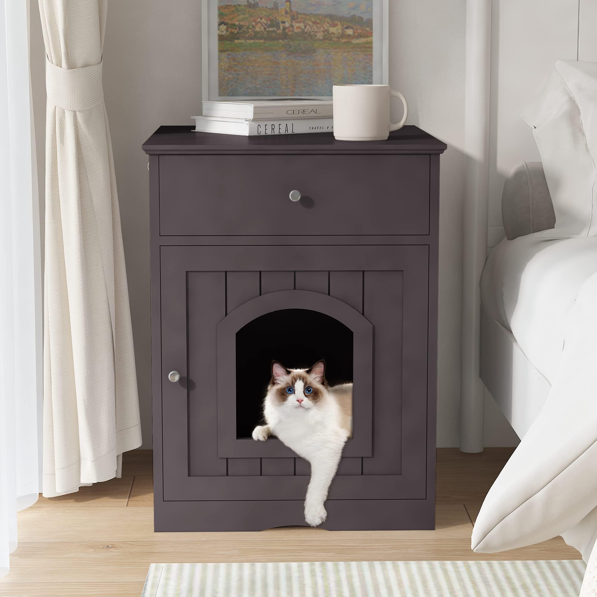 Cat Litter Box, Hidden Litter Box Furniture Cabinet with Drawer, Indoor Cat House Side Table, Kitty Puppy Litter Box