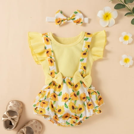 

Girls Clothes T Shirt Tops Floral Suspender Shorts Ruffle Sleeve Outfits Headband Set Spring Summer 0-18 Months