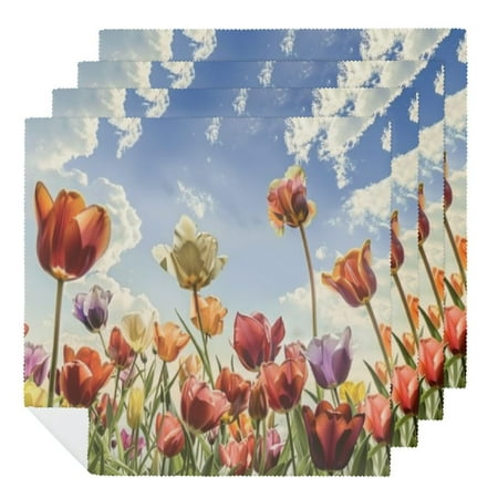 

QCPP Tulip Scape Printed Aesthetic Cloth Napkins for Home Decor Events Daily Use Polyester Reusable Fabric Kitchen Table Decor Pack of 4 6 PCS