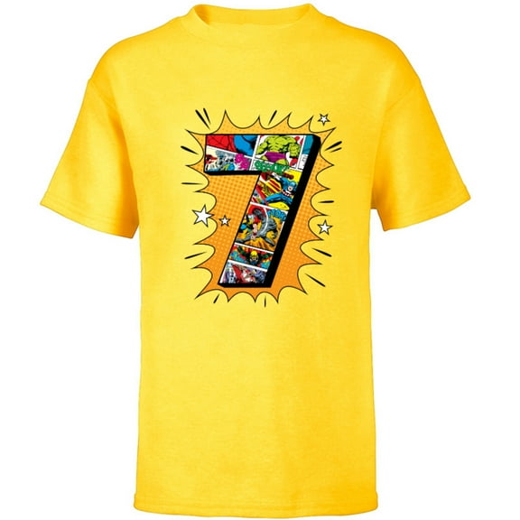 Marvel Avengers Comics 7th Birthday - Short Sleeve T-Shirt for Kids - Customized-Yellow