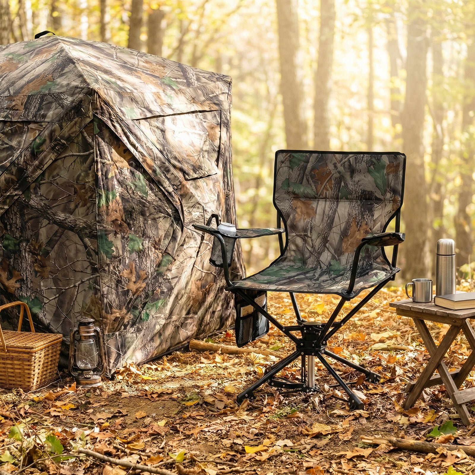 Goplus 1 PCS 360° Swivel Hunting Chair with Mesh Cup Holder & Storage Pockets Cozy Backrest Camouflage