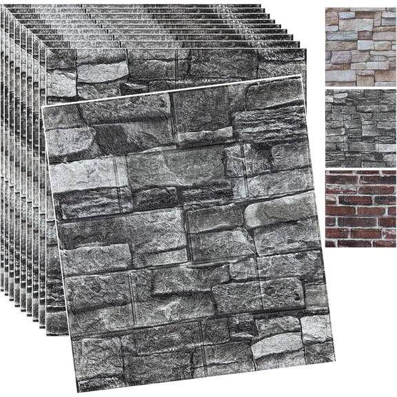 10 count  Wall Panels Peel and Stick  Brick Wallpaper Peel and Stick Faux Stone Wall Panel  Brick Self-Adhesive Wallpaper (Black,10pcs)